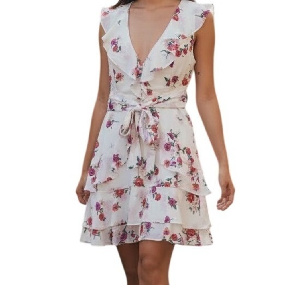 🆕 EXPRESS Floral Ruffle Tiered V-Neck Cutout Back Swing Mini Dress NWT Size 4